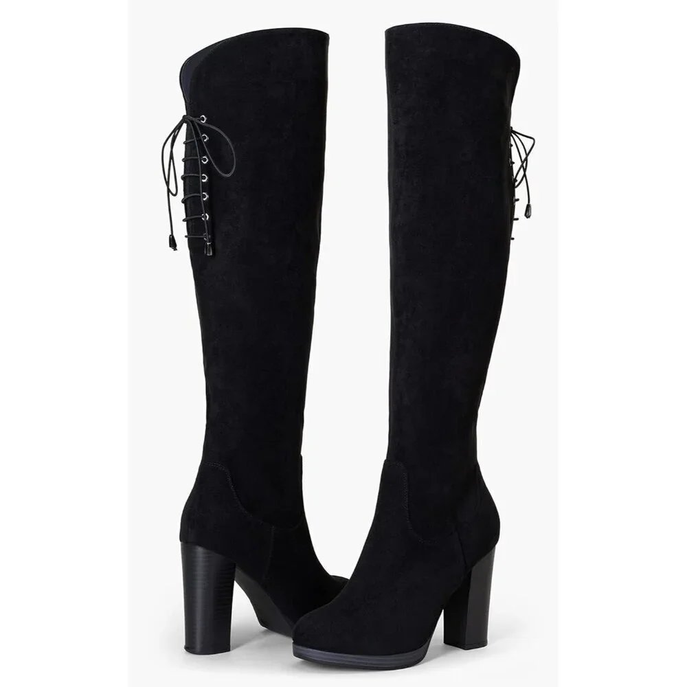 Women's Black-imitation Grain Synthetic suede Thigh High Over The Knee Boots